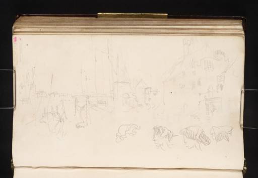 Joseph Mallord William Turner, ‘Sailing Barges Moored off the Rhine Riverfront below the Great St Martin Church at Cologne, with Deutz Abbey Opposite and the Seven Hills in the Distance; Studies of Women's Bonnets’ 1825