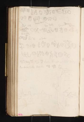 Joseph Mallord William Turner, ‘The Maison Curtius, Liège, with the Pont des Arches up the River Meuse and the Spire of the Cathedral in the Distance; Carved Animals, Birds, Figures and Heads from the Façade’ 1825