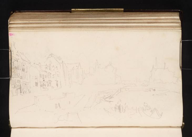 Joseph Mallord William Turner, ‘Figures and Boats off a Quay along the Former Course of the River Meuse in Liège, with the Churches of St-Sacrement and St-Jacques in the Distance’ 1825