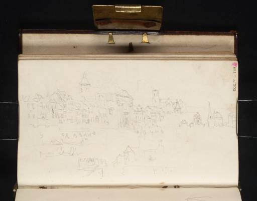 Joseph Mallord William Turner, ‘Boats below the Quay along the Former Course of the River Meuse in Liège, with the Churches of St Sacrement, St Martin's, the Benedictines and St John the Evangelist; the Church of St Jacques’ 1825