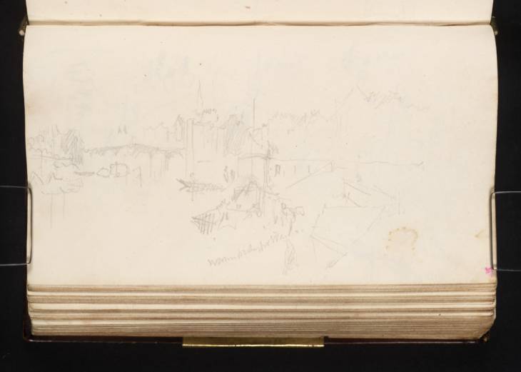 Joseph Mallord William Turner, ‘Boats on the River Meuse downstream of Liège, with the Pont des Arches and the Spire of the Cathedral in the Distance’ 1825