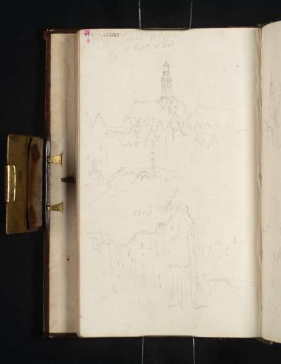 Joseph Mallord William Turner, ‘Views with Sailing Barges Moored off Gabled Buildings along the Sint-Pietersvliet Canal, Antwerp, with the Sint-Pauluskerk and Cathedral Beyond’ 1825