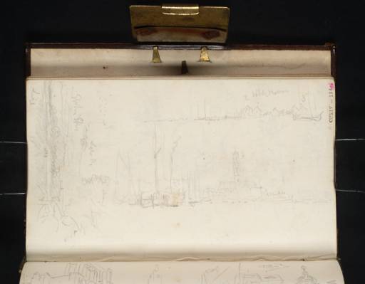 Joseph Mallord William Turner, ‘Sailing Boats and a Steamer on the River Scheldt off the Sint-Pauluskerk, Antwerp; Riverfront Buildings; Study of a Sunset Sky’ 1825