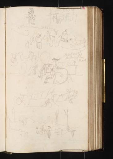 Joseph Mallord William Turner, ‘Architectural Details; Studies of Figures, Carts and Draught Horses; Moored Boats and Figures, with the Towers of Antwerp in the Distance’ 1825