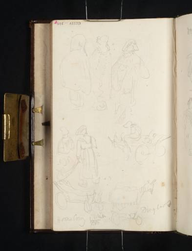 Joseph Mallord William Turner, ‘Studies of Women in Hooded Cloaks, a Man and a Woman Wearing Clogs, a Woman on a Cart, a Waggon with a Horse Wearing a Blanket and Hood, and a Dung Cart’ 1825