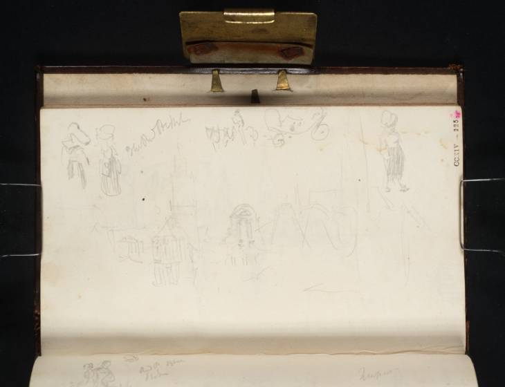 Joseph Mallord William Turner, ‘Buildings in Veurne (Furnes), with the East End of the Sint-Niklaaskerk, the Outline of the Belfry, and Rounded Gables; Studies of Women in Bonnets, and a Waggon and Horses’ 1825