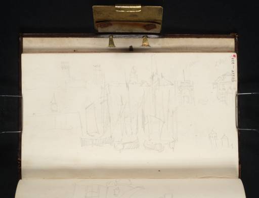 Joseph Mallord William Turner, ‘A Study of a Group of Sailing Boats; Architectural Details of Spires, Towers and Gateways around Calais, Including the Porte de la Mer on the Quay of the Bassin du Paradis’ 1825