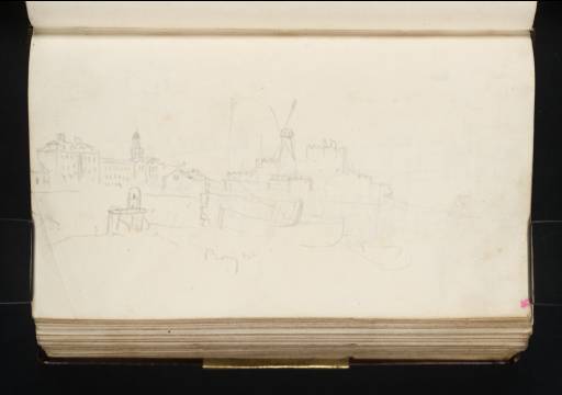 Joseph Mallord William Turner, ‘Deal Castle beyond the Royal Naval Hospital and a Windmill, with Boats on the Beach towards Walmer’ 1825