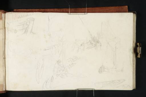 Joseph Mallord William Turner, ‘Studies of Boats under Sail and Rowing Boats, with Details of the Bows of a Boat, a Rudder and Rope Fenders’ 1825