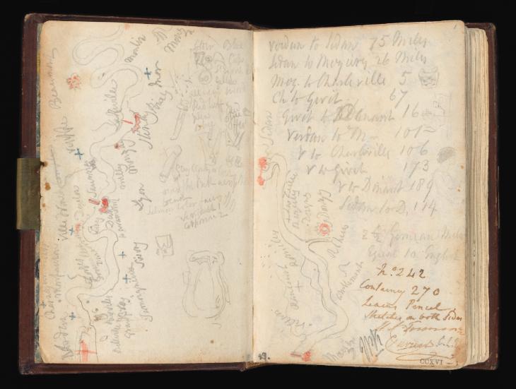 Joseph Mallord William Turner, ‘Sketch Map of the Meuse between Mouzon and Sedan; List of Distances between Northern French and Belgian Towns’ 1824