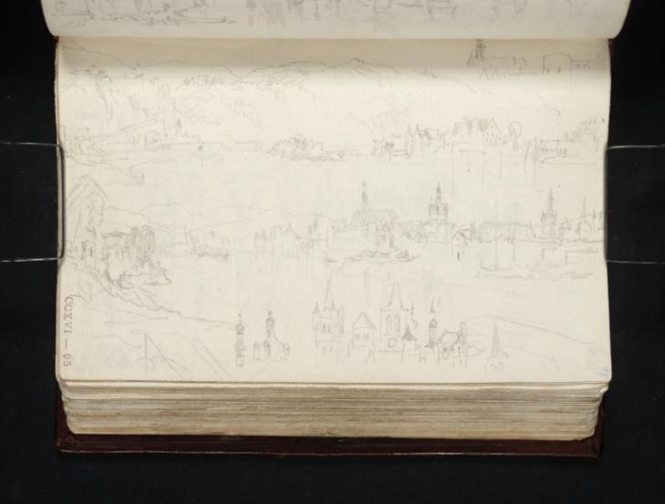 Joseph Mallord William Turner, ‘Views down the Moselle North of the Bridge at Trier, with Pallien and the Buildings of Trier Shown in Three Separate Sketches’ 1824