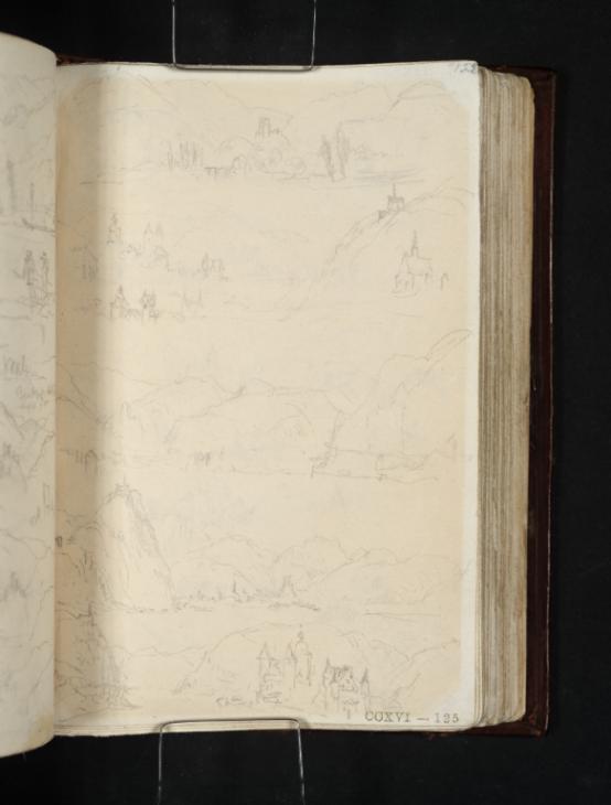 Joseph Mallord William Turner, ‘Burg Treis, Looking Downstream; Karden and Treis, Looking Downstream, with Details of St Castor's Church, Karden and the Zilleskapelle, Treis; Burg Treis, Looking Upstream; Zilleskapelle, Looking Upstream: with Treis; with Karden’ 1824