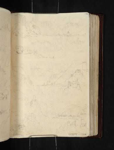 Joseph Mallord William Turner, ‘Six Sketches Drawn Going Downstream Approaching Burgen and Burg Bischofstein and the Pauluskapelle, with Separate Details of the Burg and the Chapel’ 1824