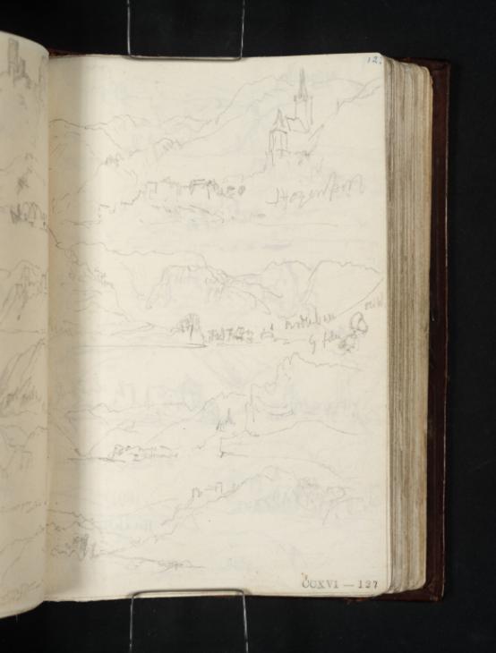 Joseph Mallord William Turner, ‘Hatzenport, Looking Upstream; Brodenbach, Looking Downstream; View Upstream towards Hatzenport; Burg Thurandt in Distance, Looking Downstream’ 1824