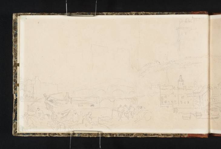 Joseph Mallord William Turner, ‘The Waterfront at Huy, Looking Upstream to the Bridge, Church of Notre-Dame and the Citadel, with Bargemen Working and Resting on the Quay; The Citadel, Church and Bridge at Huy, Looking Upstream’ 1824