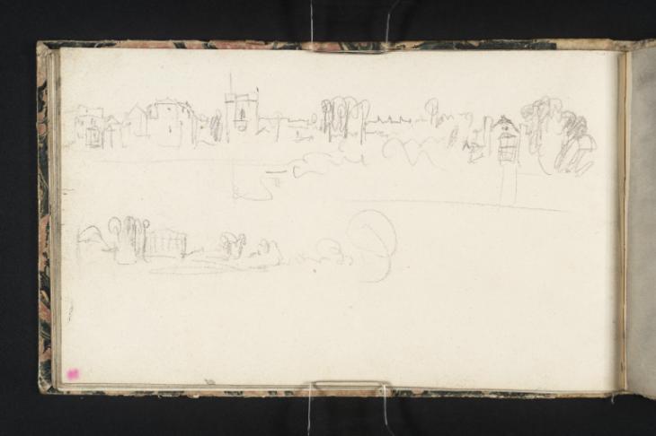 Joseph Mallord William Turner, ‘St Mary's Church, Hampton, from across the River Thames, with Garrick's Villa and the Temple to Shakespeare’ c.1827