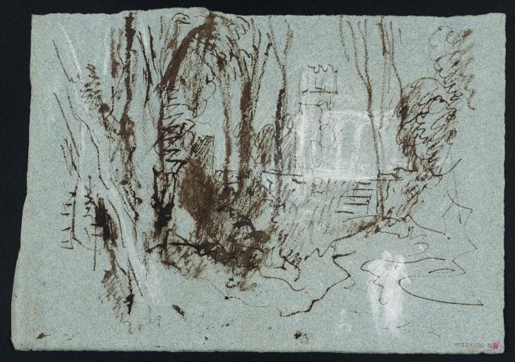 Joseph Mallord William Turner, ‘East Cowes Castle from the South-West, with a Couple among Trees near the Steps below the Conservatory’ 1827