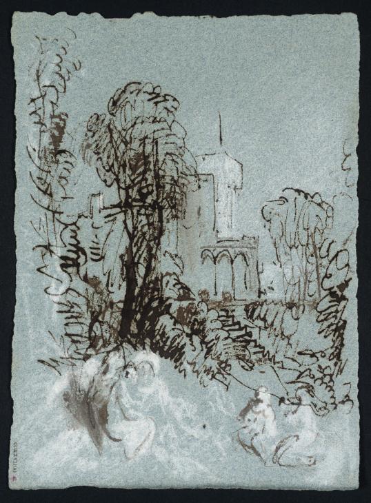 Joseph Mallord William Turner, ‘East Cowes Castle from the West, with Figures among Trees near the Steps below the Conservatory’ 1827