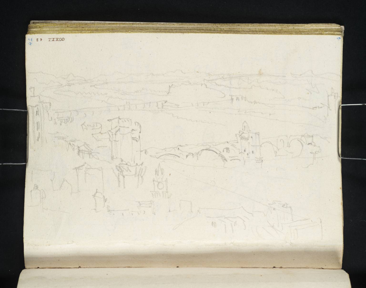 Town, with Two Bridges, One in Ruins
