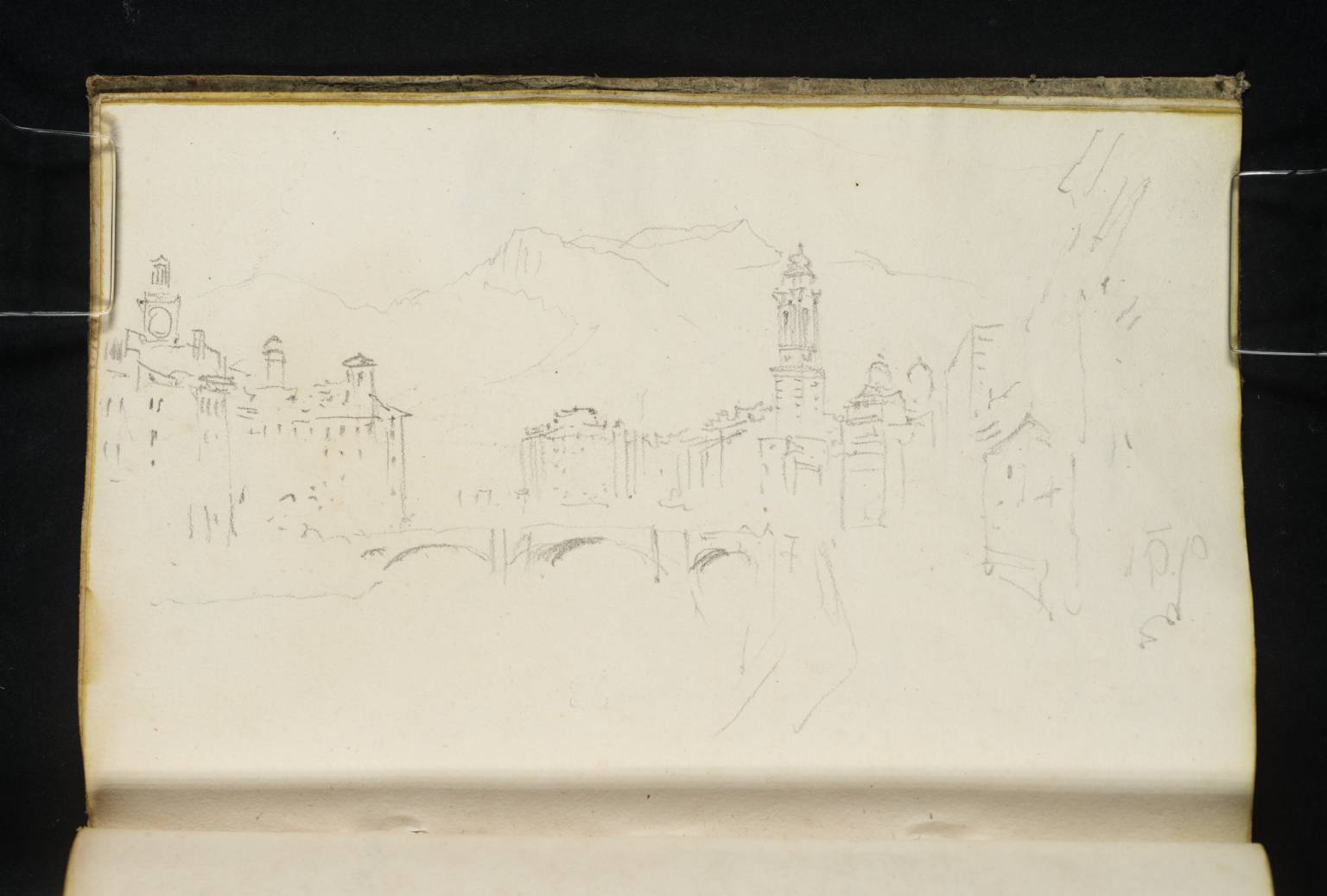 Bridge, with Buildings and Mountains