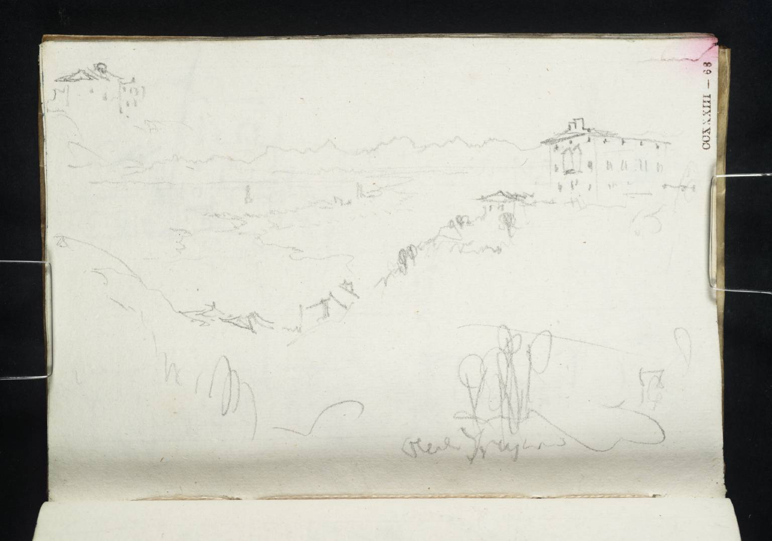 Buildings on Hill, with Coast and Distant Mountains