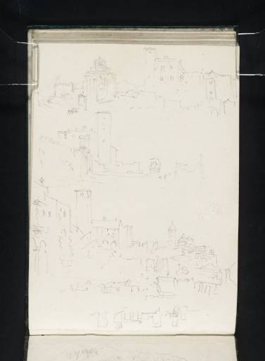 Joseph Mallord William Turner, ‘Viterbo: (a) (b) Porta Fiorentina and the Rocca from outside the Walls; (c) Gardens of the Palazzo Comunale, with Two Etruscan Tombs and a Fountain, Looking towards the Campanile of the Cathedral; (d) Panorama’ c.1828-9