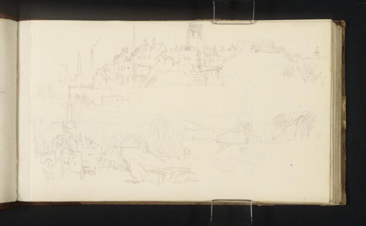 Joseph Mallord William Turner, ‘Virginia Water, with the Five Arch Bridge and the Chinese Fishing Temple; An Industrial ?Midlands Town’ c.1827-30