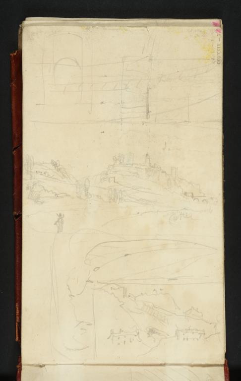 Joseph Mallord William Turner, ‘?Scotswood Suspension Bridge, near Newcastle; Bridgnorth from the South; a Sailing Boat; Peveril Castle and Peak Cavern, Castleton’ ?1831