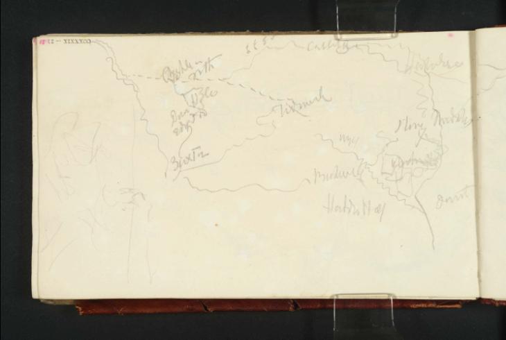 Joseph Mallord William Turner, ‘?Peak District Hills or a Cave, Perhaps Peak Cavern, Castleton; Sketch Map of the Peak District’ ?1831