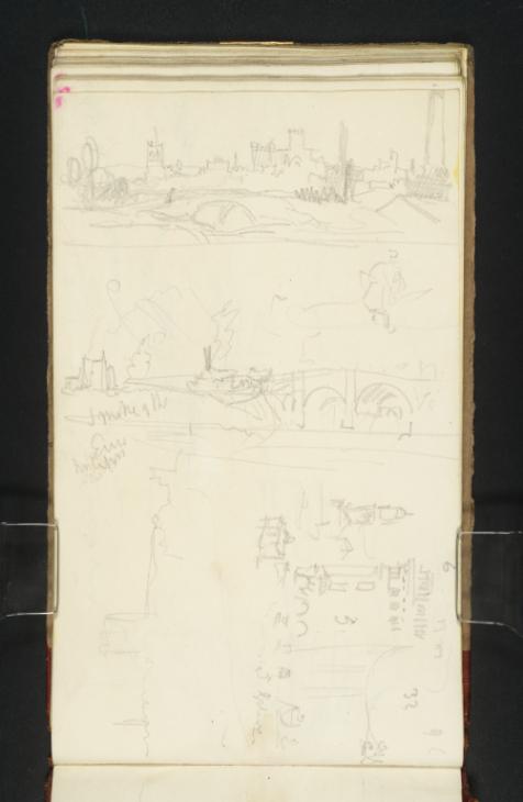 Joseph Mallord William Turner, ‘A Town, possibly Manchester; ?a Train on the Irwell Bridge on the Liverpool and Manchester Railway; a Figure Study; Chester and the River Dee from the East; the Crescent, Buxton, with St John's Church Beyond’ ?1831