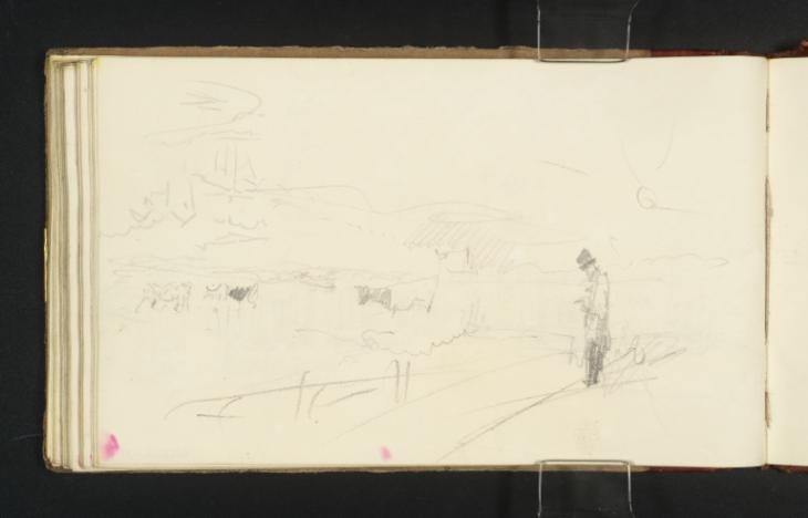 Joseph Mallord William Turner, ‘A Man and Cows beside a River or Lake; Chester and the River Dee from near Grosvenor Bridge’ ?1831