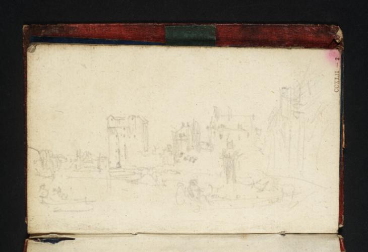 Joseph Mallord William Turner, ‘A Tower or Mill and Houses beside a River, with Figures in Small Boats’ c.1829-30