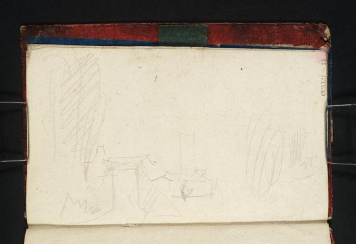 Joseph Mallord William Turner, ‘Buildings including a ?Church Tower among Trees, Perhaps by a River’ c.1829-30