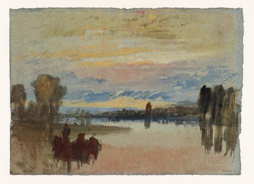 Joseph Mallord William Turner, ‘Evening: A Boat on a River with a Distant Tower, ?near Petworth’ 1827
