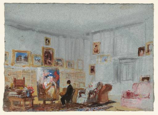 Joseph Mallord William Turner, ‘Petworth House: The Old Library, with a Man Seated before Sir William Beechey's Portrait 'Mrs Hasler as Flora'’ 1827