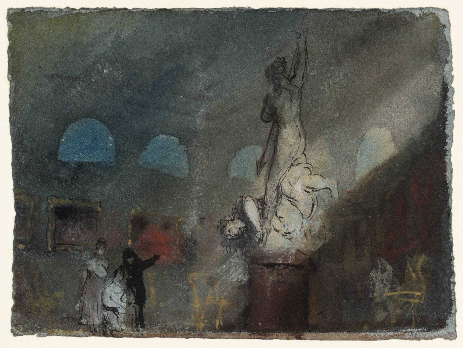 D22687: The North Gallery at Night: Figures Contemplating Flaxman’s Statue, ‘St Michael Overcoming Satan’