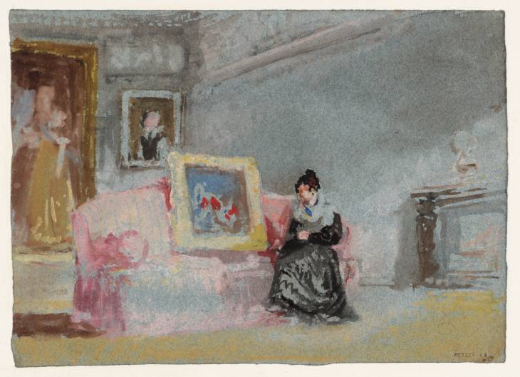 Joseph Mallord William Turner, ‘Petworth House: A Bedroom, with a Lady in a Black Silk Dress Seated on a Pink Sofa’ 1827