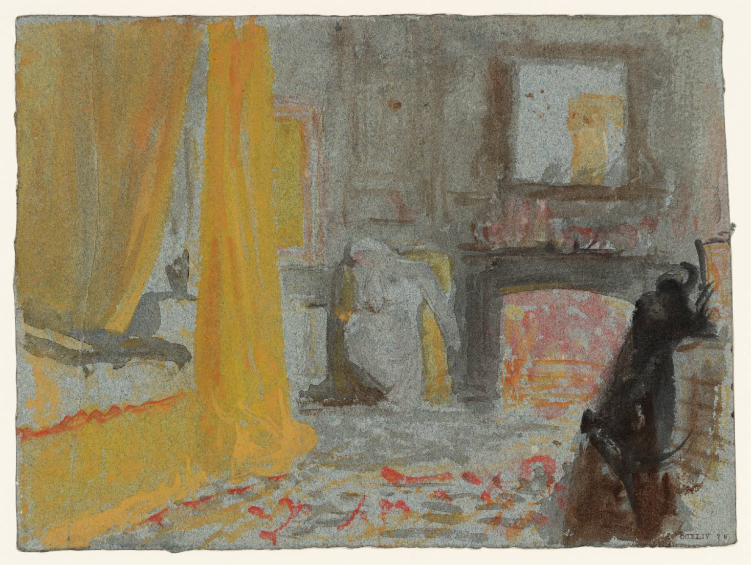 D22738: A Bedroom with a Fire Burning, and a Bed with Yellow Curtains