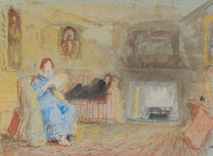 Joseph Mallord William Turner, ‘Petworth House: A Bedroom with a Fire Burning and a Woman Reading to a Man Lying on a Sofa’ 1827