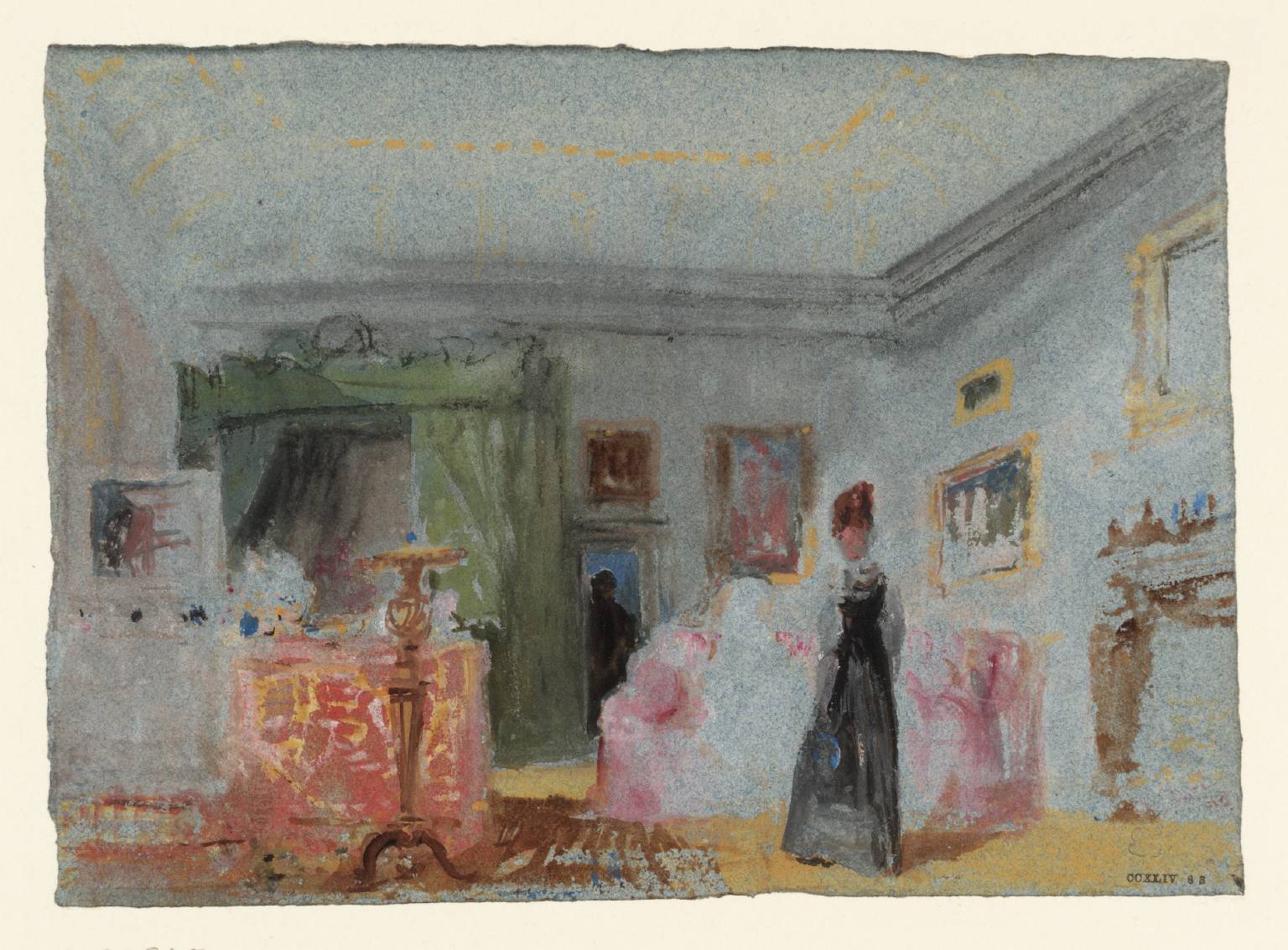 A Bedroom: A Lady in Dressed in Black Standing in a Room with a Green-Curtained Bed - a Figure in the Doorway