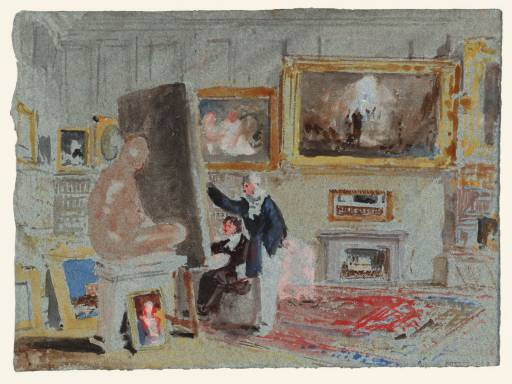 Joseph Mallord William Turner, ‘Petworth House: Two Artists in the Old Library, with Washington Allston's Painting 'Jacob's Dream' Hanging over the Fireplace ('The Artist and the Amateur')’ 1827