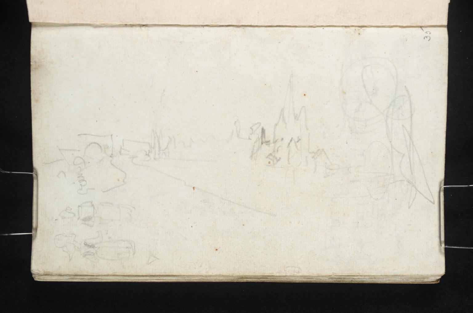 A View with a Church, the Tower with One or Two Spires; Two Female Figures