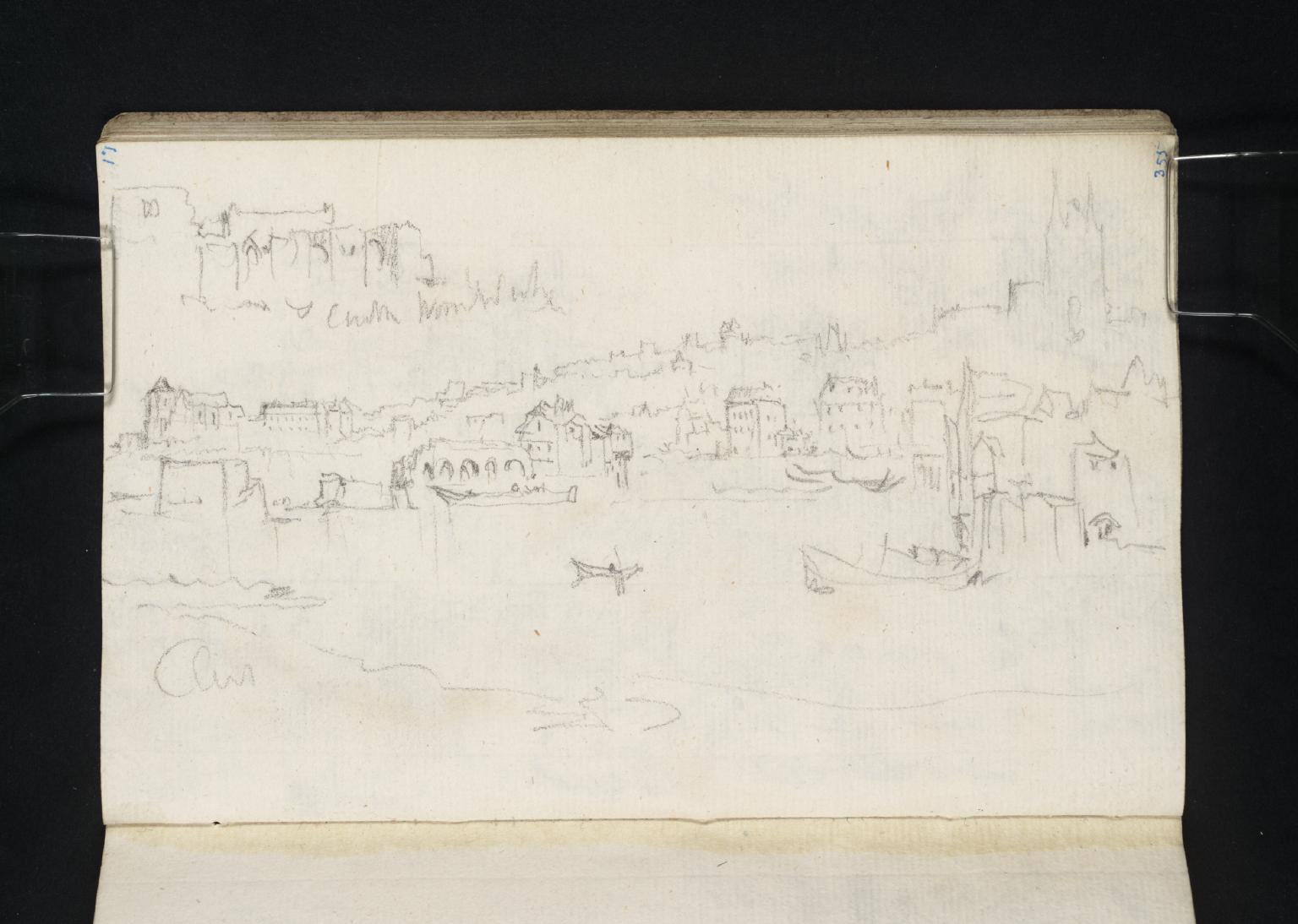 Angers: The Left Bank, with the Spires of the Cathedral, from the Doutre; Subsidiary Sketch of Part of the Bridge