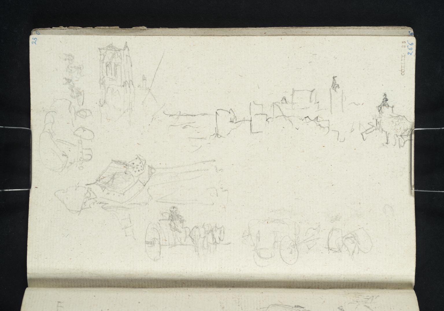 Sketches, Chiefly of Wagons and Figures; Beaugency; Detail of the ?Tour St-Jacques in Paris