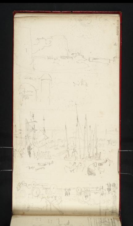 Joseph Mallord William Turner, ‘Dogs Foraging at the Quayside in Rouen; Another Sketch of the Quayside Rouen; and two Sketches Inscribed 'St. Vallery'’ 1821