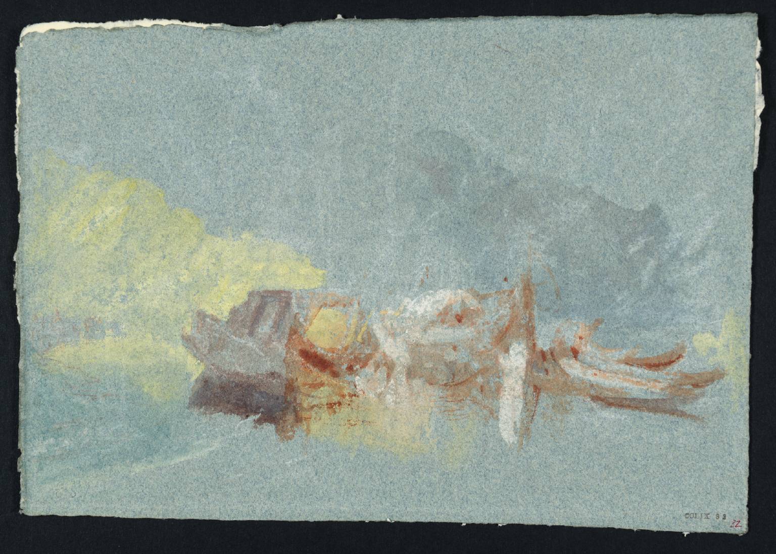 Boats on Lake (or River), with Mountains