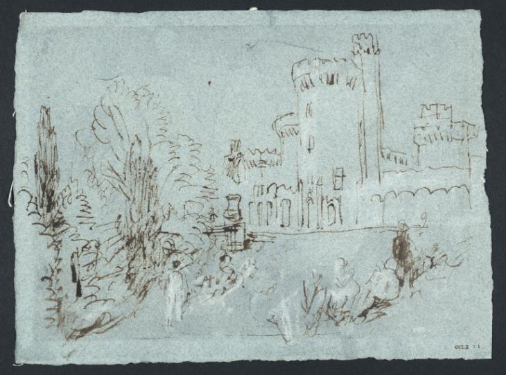 Joseph Mallord William Turner, ‘East Cowes Castle from the South, with Figures below the Lawn in the Foreground’ 1827
