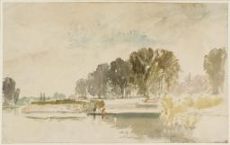 River Scene with Trees and Distant Buildings, Perhaps on the Thames
