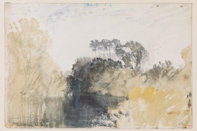 Joseph Mallord William Turner, ‘A River or Pool with Wooded Banks and Distant Buildings’ c.1820-40