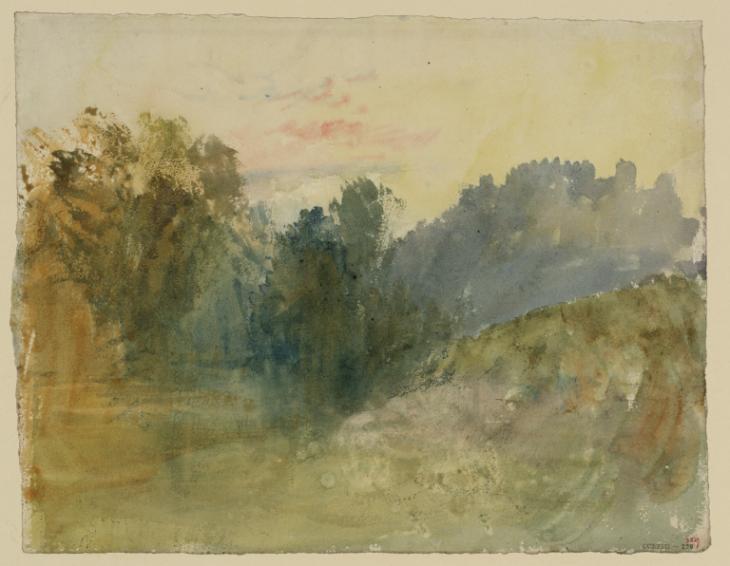 Joseph Mallord William Turner, ‘Trees beside Water, with a Castle on a Hill Beyond’ c.1820-40